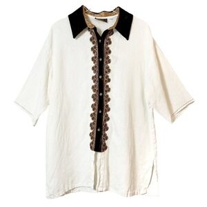 Basement U.S.A. Vintage‎ Cream Linen Brown Velvet Collar Tunic Women's Size L